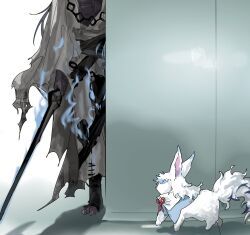  azrael_(grand_assassin)_(fate) barefoot blue_fire bow chain colored_skin fate/grand_order fate_(series) fire fou_(fate) grey_skin hallway head_out_of_frame highres holding holding_sword holding_weapon ilpal161760 long_hair muscular muscular_male no_eyes red_bow sword torn_clothes very_long_hair weapon 