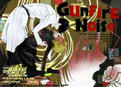  1boy 1girl absurdres baboogii belt bent_over black_belt black_bra black_dress black_eyes black_hair black_pants black_pantyhose blonde_hair blue_pantyhose bra character_request coat copyright_request dark-skinned_female dark_skin dress empty_eyes english_text from_side grin hair_between_eyes hair_over_eyes hand_on_another's_back hand_on_own_stomach highres holding holding_pillow holding_syringe injection kneeling long_coat long_sleeves looking_ahead looking_at_another looking_up lyrics multiple_views no_shoes o-ring o-ring_belt open_mouth pants pantyhose pill pillow projected_inset ripples see-through_clothes see-through_dress short_hair smile striped_clothes striped_pantyhose syringe two-tone_pantyhose underwear vertical-striped_clothes vertical-striped_pantyhose white_coat 