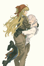  2girls absurdres arm_around_waist black_boots black_gloves blonde_hair blue_eyes boots brown_jacket brown_pants brown_skirt carrying carrying_person closed_eyes commentary_request fang feet_out_of_frame gloves green_necktie headscarf highres hug_carry jacket kani_(kaniya) long_hair long_skirt multiple_girls necktie open_mouth pants profile red_headscarf reverse:1999 shirt skin_fang skirt smile sweat vila_(reverse:1999) white_background white_hair white_shirt windsong_(reverse:1999) 