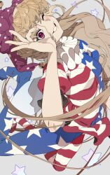  1girl absurdres american_flag american_flag_legwear american_flag_print american_flag_shirt blonde_hair clownpiece flag_print hat highres jester_cap long_hair looking_at_viewer neck_ruff ok_sign ok_sign_over_eye one_eye_closed pink_eyes pink_hat polka_dot print_shirt shimiya_jin shirt short_sleeves smile solo star_(symbol) touhou 