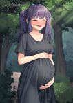  1girl artist_request black_dress blush character_request long_hair pregnant purple_hair shirt smile solo tagme twintails 