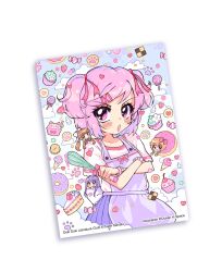  4girls :d :o alternate_costume animal-themed_food apron artist_name blue_skirt blush bow bracelet brown_hair cake cake_slice candy checkerboard_cookie chibi chibi_inset chibi_on_shoulder closed_mouth clouds commentary company_name cookie copyright_name copyright_notice crossed_arms cupcake doki_doki_literature_club doki_doki_literature_club_school_uniform dot_mouth doughnut english_commentary eyelashes food fruit green_eyes hair_bow hair_ornament hair_ribbon hairclip heart highres holding holding_whisk ice_cream ice_cream_cone jewelry lollipop long_hair long_sleeves merchandise_available monika_(doki_doki_literature_club) multiple_girls natsuki_(doki_doki_literature_club) oceaninspace official_art open_mouth paw_print photo_(medium) pink_eyes pink_hair ponytail postcard_(medium) purple_apron purple_hair red_bow red_ribbon ribbon sayori_(doki_doki_literature_club) school_uniform short_hair short_sleeves sidelocks skirt smile solo_focus star_(symbol) strawberry swirl_lollipop two_side_up whisk white_ribbon yuri_(doki_doki_literature_club) 