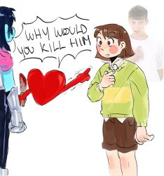  2others armored_boots black_hair black_pants blood blood_on_knife blue_skin blush_stickers boots brown_hair brown_shorts cape chara_(undertale) clenched_hand closed_eyes collared_shirt colored_skin cowboy_shot deltarune english_commentary fingernails gauntlets green_sweater grey_armor hair_between_eyes hand_up heart highres holding holding_knife implied_murder in-franchise_crossover index_finger_raised knife kris_(dark_world)_(deltarune) kris_(deltarune) long_sleeves looking_at_another multiple_others open_mouth other_focus pants pink_cape pointing pointing_at_another puffy_long_sleeves puffy_sleeves pump_upthejam red_eyes shirt short_hair shorts simple_background single_stripe soul_(deltarune) standing striped_clothes striped_sweater sweater trembling undertale utdr_(toby_fox) white_background white_shirt wide-eyed 