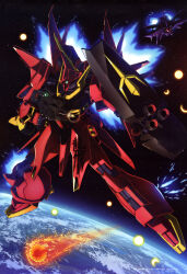  1990s_(style) absurdres artist_request atmospheric_reentry battle bawoo beam_cannon beam_rifle burning clouds earth_(planet) energy_gun explosion glowing_hot gundam gundam_perfect_file gundam_zz highres in_orbit magazine_scan mecha mecha_focus mobile_suit neo_zeon no_humans ocean official_art one-eyed planet qubeley_mk_ii retro_artstyle robot scan scene_reference science_fiction shield space spacecraft thrusters traditional_media weapon zero_gravity 