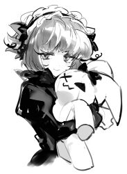  1girl bad_id bad_twitter_id blunt_bangs cookie_run cookie_run:_kingdom cropped_torso dress gothic_lolita greyscale hairband holding holding_stuffed_toy humanization inactive_account jitome lolita_fashion lolita_hairband looking_at_viewer monochrome nana_(ebitokanimiso) painttool_sai_(medium) pompon_(cookie_run) pumpkin_pie_cookie short_hair simple_background sketch solo stuffed_animal stuffed_rabbit stuffed_toy white_background 