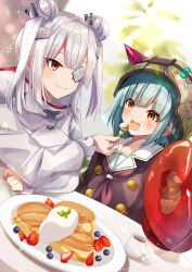  2girls akatsuki_(aktk511) bungo_yayoi cake commentary_request crab_claw double_bun eyepatch fake_horns feeding food fork fruit grapes green_hair grey_hair hair_bun heaven_burns_red helmet highres holding holding_fork horned_helmet horns multiple_girls red_eyes short_hair table white_hair yamawaki_bon_ivar yellow_eyes 