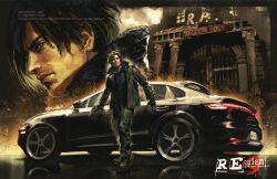  1boy absurdres black_jacket car commentary english_commentary gun highres jacket kornart leon_s._kennedy light_machine_gun machine_gun male_focus motor_vehicle open_clothes open_jacket porsche resident_evil resident_evil_requiem rpd solo weapon 
