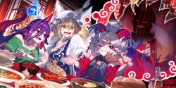  3girls alternate_costume animal_ears animal_hat blonde_hair blue_dress blue_tabard bottle bowl chopsticks detached_sleeves dress earrings eating evil_smile fingernails food food_request fox_ears fox_tail game_cg green_shirt hat highres holding holding_chopsticks hoop_earrings horns jewelry kitsune long_hair long_tail meat mob_cap multiple_girls multiple_tails official_art one_eye_closed open_mouth plate pointy_ears purple_hair purple_nails red_eyes red_horns red_nails red_sleeves red_tail sharp_fingernails sharp_teeth shirt single_horn smile sparkle sweat tabard tail teapot teeth tenkajin_chiyari third-party_source touhou touhou_lostword toutetsu_yuuma yakumo_ran yellow_eyes zounose 