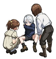  1girl 2boys aged_down black_shorts blue_eyes blue_shirt brown_hair brown_pants chinese_commentary collared_shirt couple credo devil_may_cry_(series) dress from_behind high_ponytail kyrie_(devil_may_cry) leaning_back long_sleeves multiple_boys nero_(devil_may_cry) pants ponytail puffy_sleeves shirt short_dress short_hair short_sleeves shorts sitting squatting white_background white_hair white_shirt wuliu_heihuo 