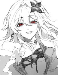  1girl buttons clothing_cutout commentary_request dress earrings empty_eyes evernight_(honkai:_star_rail) floating_hair flower flower_ornament greyscale hair_between_eyes hair_flower hair_ornament hairclip highres honkai:_star_rail honkai_(series) iragashi_m_m jewelry juliet_sleeves lapels lips long_hair long_sleeves looking_at_viewer march_7th_(honkai:_star_rail) monochrome official_alternate_costume official_alternate_hairstyle puffy_sleeves red_eyes shoulder_cutout sidelocks simple_background single_bare_shoulder single_earring smile solo teeth turtleneck turtleneck_dress two-tone_dress upper_body 