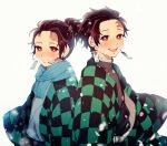  2boys age_comparison arms_at_sides back-to-back belt blue_scarf brown_hair checkered_clothes crying demon_slayer_uniform dual_persona earrings feathers from_side haori japanese_clothes jewelry kamado_tanjirou kimetsu_no_yaiba kimono long_sleeves looking_at_viewer looking_to_the_side maga_(chun) male_focus multiple_boys ponytail red_eyes sash scar scar_on_face scar_on_forehead scarf short_hair snowing upper_body white_background wide_sleeves wind 