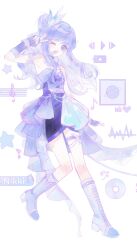  1girl absurdres ankle_socks armband asymmetrical_skirt bare_shoulders blue_boots blue_bow blue_bowtie blue_choker blunt_bangs boots bow bow_choker bowtie cd character_name chinese_commentary choker commentary_request dot_nose dress eyelashes feather_hair_ornament feathers fingerless_gloves frilled_gloves frills full_body gloves hair_intakes hair_ornament hair_ribbon happy headset high_heel_boots high_heels highres idol infinity_nikki lace-up_boots light_blush long_hair loose_hair_strand miniskirt miqingya mismatched_boots musical_note nikki_(series) one_eye_closed one_side_up open_mouth pink_armband pink_ribbon play_button pleated_skirt purple_dress purple_gloves purple_hair purple_skirt ribbon showgirl_skirt skirt smile socks solo standing star_(symbol) starry_nocturne_(infinity_nikki) strapless strapless_dress tachi-e tareme thigh_strap treble_clef v violet_eyes wavy_hair white_background white_boots 