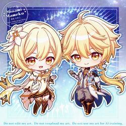  1boy 1girl :d aether_(as_heaven_and_earth_are_made_anew)_(genshin_impact) aether_(genshin_impact) ahoge black_thighhighs blonde_hair brother_and_sister chibi chibi_only closed_mouth coat commentary_request detached_sleeves dress earrings flower full_body genshin_impact grey_pants hair_between_eyes hair_flower hair_ornament hand_up highres jewelry long_hair long_sleeves looking_at_viewer lumine_(as_heaven_and_earth_are_made_anew)_(genshin_impact) lumine_(genshin_impact) mameko_minami official_alternate_costume open_mouth pants siblings single_earring smile standing star_(symbol) thigh-highs very_long_hair white_coat white_dress white_flower white_sleeves yellow_eyes 