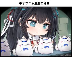  1girl aqua_eyes azur_lane black_hair clarence_k._bronson_(azur_lane) closed_mouth commentary_request conveyor_belt hair_ribbon holding holding_screwdriver holding_wrench meowfficer_(azur_lane) official_art ribbon satogo scarf screwdriver upper_body white_ribbon white_scarf wrench 