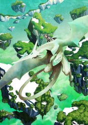  1boy absurdres day dragon fantasy floating_island highres hood hood_down open_mouth original outdoors riding riding_animal riding_dragon sakanobekurobee short_hair 