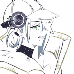  1girl arknights asbestos_(arknights) asymmetrical_hair baseball_cap choker clenched_teeth coat drooling ear_piercing earpiece fur_trim green_eyes hair_over_one_eye hat headphones jacket looking_at_viewer mugioec piercing portrait saliva sharp_teeth short_hair simple_background slit_pupils solo teeth upper_body white_background white_hair white_hat 