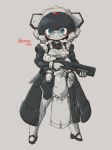  1girl android breasts clenched_hand glasses gun highres holding holding_gun holding_weapon kuruton486 looking_at_viewer maid medium_breasts original round_eyewear science_fiction solo twitter_username weapon 