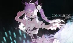  1girl absurdres ahoge arm_up bandaged_arm bandages bare_shoulders black_bow black_choker black_nails black_skirt bow choker collarbone flat_chest frilled_cuffs hair_bow highres indie_virtual_youtuber kyoro_ina lace-trimmed_choker lace_trim long_hair nail_polish purple_hair rachie_(utaite) sample_watermark shirt skirt solo twintails utaite v v_over_eye watermark white_shirt wrist_cuffs 