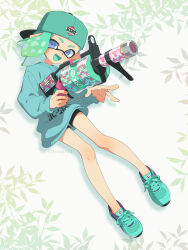  .96_gal_(splatoon) 1girl backwards_hat baseball_cap black_shorts blue_eyes blue_hair blue_hat blue_shoes blue_sweater blue_tongue colored_tongue commentary_request eyebrow_cut full_body hat highres inkling inkling_girl inkling_player_character long_sleeves looking_at_viewer medium_hair open_mouth pointy_ears shoes shorts smile sneakers solo splatoon_(series) standing surume01417 sweater tentacle_hair v 