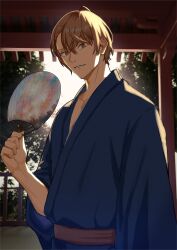  1boy blue_kimono brown_hair collarbone commentary_request hand_fan highres japanese_clothes kagami_hayato kimono looking_at_viewer magurosamm male_focus nijisanji parted_lips photo_background short_hair solo upper_body virtual_youtuber wide_sleeves 