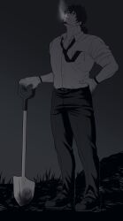  1boy belt cheekbones cigarette collared_shirt commentary_request facial_hair fate/grand_order fate_(series) full_body gloves goatee greyscale hands_in_pockets haruto_(hit23ewluvnpfo6) hector_(fate) highres looking_up male_focus mature_male monochrome necktie_in_pocket pants planted planted_shovel ponytail shirt shoes shovel smoking solo 