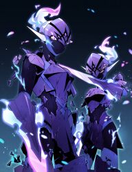  1boy 1girl arm_blade armor breaking breastplate broken broken_armor broken_sword broken_weapon ceruledge colored_skin commentary_request covering_own_mouth facing_another facing_to_the_side glowing glowing_eyes glowing_sword glowing_weapon gradient_background grin helmet highres hitodama leg_armor pauldrons plume pokemon pokemon_(creature) pokemon_focus purple_helmet purple_skin red_eyes shoulder_armor smile sword tom_(leciel2010) turning_head violet_eyes weapon 