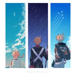  3boys age_progression america_(hetalia) axis_powers_hetalia black_gloves blonde_hair blue_coat bomber_jacket border brown_jacket child clouds coat commentary_request contrail crescent_moon english_text film_grain frilled_shirt frills from_behind gloves grey_pants gun highres holding holding_gun holding_weapon jacket male_focus moon multiple_boys musket neck_ribbon pants rain red_ribbon ribbon sheer_candy shirt sky weapon white_border white_shirt 