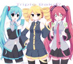  2000s_(style) 3girls ahoge akita_neru alternate_hairstyle antenna_hair aqua_hair blonde_hair blush collared_shirt commentary detached_sleeves drill_hair english_commentary faux_retro_artstyle hair_between_eyes hairstyle_switch hatsune_miku highres holding jelly_(bonnybel) kasane_teto kasane_teto_(utau) long_hair multiple_girls necktie open_mouth red_eyes red_hair shirt side_ponytail skirt smile triple_baka_(vocaloid) twin_drills twintails utau vocaloid yellow_eyes 