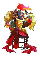  1girl alternate_design armarouge armor black_skin book breastplate chair colored_skin crossed_legs facing_viewer feathers floating_armor flower flower_on_head glowing glowing_eyes highres holding holding_book holding_feather looking_to_the_side multicolored_skin on_chair pauldrons pleated_skirt plume pokemon pokemon_(creature) pokemon_focus red_eyes red_skin red_skirt shoulder_armor sitting skirt sufferay transparent_background two-tone_skin yellow_armor 