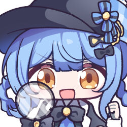  1girl :d absurdres black_bow black_capelet black_hat blue_hair bow braid braided_hair_rings capelet chibi chibi_only commentary_request deerstalker hair_bow hair_rings hat highres holding holding_magnifying_glass jaggy_lines long_sleeves looking_at_viewer magnifying_glass mahou_shoujo_no_majo_saiban open_mouth panatisia short_hair simple_background smile solo tachibana_sherry upper_body white_background yellow_eyes 