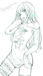  1boy blunt_bangs blunt_ends green_eyes gretel_(sinoalice) highres legband long_sleeves looking_at_viewer male_focus mask mouth_mask open_mouth shirt sidelocks signature simple_background sinoalice sketch spot_color surgical_mask t-shirt teroru thigh-highs tongue tongue_out trap white_background zettai_ryouiki 