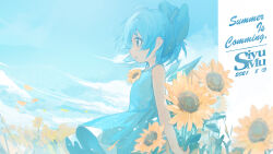  1girl artist_name blue_bow blue_dress blue_sky bow cirno clouds commentary dated day detached_wings dress english_text flower hair_bow highres ice ice_wings neck_flower open_mouth outdoors siyumu sky sleeveless sleeveless_dress solo sunflower touhou wings yellow_flower 