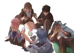  2girls 3boys baggy_pants between_fingers black_coat black_gloves black_hair black_jacket black_pants black_shirt black_shoes black_skirt blue_jacket blue_skirt book caelus_(honkai:_star_rail) card cellphone chinese_clothes closed_mouth coat cup dan_heng_(honkai:_star_rail) dan_heng_(hunt)_(honkai:_star_rail) disposable_cup drink drinking_straw dual_persona earclip earrings feathered_wings feet_out_of_frame flower flower_ornament from_behind full_body gloves green_coat green_eyes grey_hair grey_pants hair_between_eyes half-closed_eyes hand_up hands_up head_wings holding holding_book holding_card holding_cup holding_phone honkai:_star_rail honkai_(series) hood hooded_coat jacket jewelry lapels long_hair long_sleeves looking_at_object looking_up lying march_7th_(honkai:_star_rail) march_7th_(preservation)_(honkai:_star_rail) miniskirt multicolored_coat multicolored_jacket multiple_boys multiple_girls no_halo oh_my_julai on_back open_book open_clothes open_coat open_jacket open_mouth pants phone pink_hair playing_card puffy_long_sleeves puffy_sleeves reading scarf seiza shirt shoes short_hair simple_background single_earring sitting skirt smartphone stelle_(honkai:_star_rail) sunday_(honkai:_star_rail) t-shirt thigh_strap trailblazer_(honkai:_star_rail) two-sided_coat two-sided_fabric two-sided_jacket two-tone_coat two-tone_jacket uno_(game) upper_body v-shaped_eyebrows white_background white_coat white_flower white_jacket white_scarf white_shirt wings yellow_coat yellow_eyes yellow_jacket 