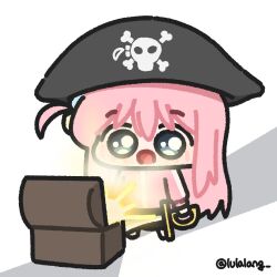  1girl :o black_hat blue_eyes bocchi_the_rock! chibi chibi_only full_body gotoh_hitori hat highres holding holding_sword holding_weapon jacket long_hair looking_at_object lulalang one_side_up open_mouth pink_hair pink_jacket pirate pirate_hat simple_background skull_and_crossbones solo surprised sword treasure_chest twitter_username weapon white_background 