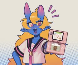 1girl absurdres asymmetrical_horns black_sailor_collar blonde_hair blue_skin cat cat_face_sticker colored_sclera colored_skin crop_top dog earrings fang handheld_game_console highres holding holding_handheld_game_console horns jewelry monster_girl necktie nintendo_ds nintendogs original piku184 pink_eyes pink_horns sailor_collar sailor_senshi_uniform solo sticker uneven_horns yellow_sclera 