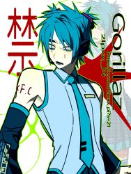  1boy 2lpxx_pi arm_tattoo artist_name blue_hair blue_necktie copyright_name cosplay crossdressing crossdressing_(mtf) detached_sleeves gorillaz hashtag-only_commentary hatsune_miku hatsune_miku_(cosplay) headset highres male_focus necktie open_mouth short_hair solo stuart_pot tattoo teeth web_address 