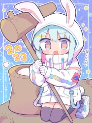  +_+ 1girl 2023 :d absurdres animal_hood blue_background blush_stickers brown_thighhighs commentary_request drawstring full_body gloves green_hair hair_between_eyes highres holding holding_mallet hood hood_up hoodie kine long_sleeves looking_at_viewer mallet new_year open_mouth original outline pink_eyes rabbit_hood richard_(richaball) seiza shoes short_hair sidelocks sitting smile sneakers solo star_(symbol) thigh-highs translation_request white_gloves white_hoodie white_outline white_shoes 