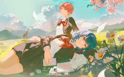  2girls absurdres anime_screenshot_inset arm_behind_head arm_pillow arm_up bicycle blue_hair book bow bowtie branch buttons chaconne cherry_blossoms chibi chibi_inset chinese_commentary closed_mouth clouds collared_shirt commentary_request crescent daisy_(flower) day feet_out_of_frame floating_paper flower giraffe giraffe_(revue_starlight) grass green_shirt grey_jacket grey_skirt hakama hanayagi_kaoruko highres hill holding holding_phone isurugi_futaba jacket japanese_clothes knee_up long_sleeves looking_ahead looking_at_viewer lying miniskirt mountainous_horizon multiple_girls on_grass on_side open_clothes open_jacket paper phone photo_(object) pink_eyes pink_hair pleated_skirt red_bow red_bowtie red_hakama school_uniform screenshot_inset seishou_music_academy_uniform shirt short_hair shoujo_kageki_revue_starlight skirt sky translation_request violet_eyes white_flower white_jacket white_shirt wind wireless_earphones 