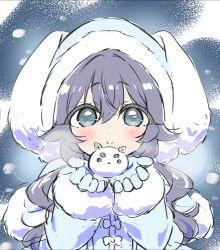  1girl aijou_rentarou animal_ear_hood animal_hood blue_background blue_capelet blue_coat blue_eyes blue_gloves blue_hair blue_hood blush breath capelet closed_mouth coat coat_bow double-parted_bangs fluffy_hair fur-trimmed_capelet fur-trimmed_coat fur-trimmed_hood fur-trimmed_sleeves fur_trim gloves gradient_background hair_between_eyes hair_intakes hamuhamufa hands_up highres hood hood_up hooded_coat kimi_no_koto_ga_dai_dai_dai_dai_daisuki_na_100-nin_no_kanojo long_hair long_sleeves looking_at_viewer portrait rabbit_hood smile snow snow_rabbit solo split_mouth wavy_hair winter_clothes winter_coat yoshimoto_shizuka 