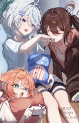  3girls ^_^ absurdres aqua_eyes bag blue_eyes blue_hair blush closed_eyes commentary_request controller drop-shaped_pupils eating feeding food furina_(genshin_impact) game_controller genshin_impact hair_between_eyes heterochromia highres holding holding_bag holding_controller holding_game_controller hu_tao_(genshin_impact) imasaki_kei long_hair looking_at_another medium_hair multicolored_hair multiple_girls musical_note open_mouth popcorn red_hair shirt streaked_hair symbol-shaped_pupils twintails twitter_username very_long_hair white_hair white_shirt yanfei_(genshin_impact) 