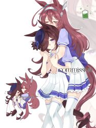  >_< 2girls ahoge animal_ears battery_indicator blue_flower blue_rose blush bow bowtie brown_hair carrying closed_eyes closed_mouth flipped_hair flower grey_hairband hair_between_eyes hair_over_one_eye hairband hat hat_flower highres horse_ears horse_girl horse_tail hug hug_from_behind koppiaa long_hair mihono_bourbon_(umamusume) multiple_girls pleated_skirt princess_carry puffy_short_sleeves puffy_sleeves purple_bow purple_bowtie purple_shirt recharging rice_shower_(umamusume) rose sailor_collar sailor_shirt school_uniform shirt short_sleeves silver_hairband skirt smile tail thigh-highs tilted_headwear tracen_school_uniform umamusume violet_eyes white_sailor_collar white_thighhighs yuri 