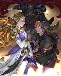  1girl 2boys absurdres armor bag beard black_armor blank_eyes blonde_hair blue_eyes blue_gem breath brown_hair cape charging_forward circlet clenched_teeth closed_eyes colored_skin commission dress earrings elbow_gloves eyeshadow facial_hair feet_out_of_frame forehead_jewel frown full_body ganondorf gem giving gloves glowing glowing_eyes glowing_gem glowing_necklace gold_circlet gold_trim green_skin green_tunic hand_on_own_chest hand_up hands_up highres holding holding_sword holding_weapon hoop_earrings horseback_riding hylian_shield jewelry link long_hair makeup master_sword multiple_boys notched_ear open_mouth orange_hair parted_lips pauldrons phrygian_cap pink_eyeshadow pointy_ears princess_zelda purple_dress red_cape red_eyes riding saliva satchel scabbard scar scar_on_cheek scar_on_face scar_on_nose scratches sheath shield shield_on_back shoulder_armor standing studystudiomax surprised sword teeth the_legend_of_zelda the_legend_of_zelda:_twilight_princess tunic two-tone_dress u_u weapon white_dress white_gloves yellow_gem 