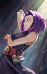  1girl arm_up barcy belt black_dress boku_no_hero_academia breasts dress highres lady_nagant looking_at_viewer medium_hair multicolored_hair pink_hair purple_hair sleeveless solo standing two-tone_hair violet_eyes 