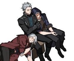 3boys black_coat black_gloves black_pants blue_jacket brothers chinese_commentary closed_eyes closed_mouth coat crossed_arms dante_(devil_may_cry) devil_may_cry_(series) father_and_son fingerless_gloves gloves hair_slicked_back head_on_another's_shoulder hood hood_up jacket lying lying_on_person multiple_boys nero_(devil_may_cry) on_side open_clothes open_coat open_jacket pants red_coat shade shaded_face siblings sitting sleeping uncle_and_nephew vergil_(devil_may_cry) wuliu_heihuo 