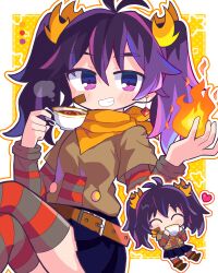  1girl ^_^ absurdres bandaid bandaid_on_cheek bandaid_on_face bandana belt black_thighhighs blue_skirt blush boots breasts brown_belt brown_boots brown_shirt character_request chibi closed_eyes commentary_request commission copyright_request crossed_legs cup drinking earrings fire fire_hair_ornament floating_earrings grin heart highres holding holding_cup jewelry looking_at_viewer medium_hair multiple_views orange_bandana pixiv_commission purple_hair pyrokinesis red_thighhighs richard_(richaball) shirt skirt small_breasts smile steam striped_clothes striped_thighhighs tea teacup thigh-highs twintails violet_eyes zettai_ryouiki 