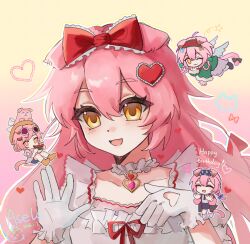  1girl :d animal_ears arknights artist_name ase1a bow cat_ears cat_girl chibi chibi_inset chinese_commentary clothing_cutout collar commentary_request dated dress frilled_bow frilled_collar frills glove_cutout gloves goldenglow_(arknights) goldenglow_(maiden_for_the_bright_night)_(arknights) goldenglow_(party_in_the_garden)_(arknights) goldenglow_(summer_flowers)_(arknights) gradient_background hair_bow hair_ornament hands_up happy_birthday heart heart_cutout heart_hair_ornament highres long_hair multiple_views open_mouth pink_background pink_hair portrait red_bow smile white_dress white_gloves yellow_background yellow_eyes 