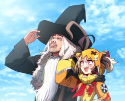  1boy 1girl :d absurdres animal_ear_hood beard_stubble black_hat brown_hair ddolbang facial_hair fake_beard fake_facial_hair gigi_murin gigi_murin_(1st_costume) hair_through_hood hat highres hololive hololive_english hood hoodie long_hair multicolored_hair old old_man open_mouth orange_hood orange_hoodie outdoors pink_eyes sharp_teeth sky smile stubble teeth two-tone_hair virtual_youtuber white_hair wizard wizard_hat wizard_oji-chan 