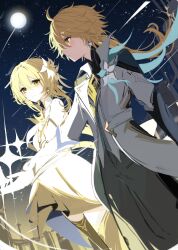  1boy 1girl absurdres aether_(as_heaven_and_earth_are_made_anew)_(genshin_impact) aether_(genshin_impact) ahoge arcade_(architecture) bare_shoulders black_pants black_shirt blonde_hair blue_cape blue_feathers blue_sky boots brother_and_sister brown_boots brown_eyes cape closed_mouth commentary_request cowboy_shot detached_sleeves dress earrings falling_star feathers floating_cape floating_hair flower flower_ornament full_moon genshin_impact gold_trim hair_between_eyes hair_flower hair_ornament highres jacket jewelry juliet_sleeves lapels long_hair long_sleeves looking_at_another looking_to_the_side low_ponytail lumine_(as_heaven_and_earth_are_made_anew)_(genshin_impact) lumine_(genshin_impact) magnet_8_8 mandarin_collar moon night official_alternate_costume official_alternate_hairstyle open_clothes open_jacket orange_eyes orange_pupils outdoors pants ponytail puffy_sleeves shirt short_hair siblings sidelocks single_earring sky sleeveless sleeveless_dress smile standing star_(sky) star_(symbol) star_earrings starry_sky thigh_boots white_dress white_flower white_jacket white_sleeves 
