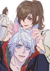  1girl 2boys absurdres animal_ears blue_eyes blush brown_eyes brown_hair chinese_commentary collarbone commentary_request couple devil_may_cry_(series) dog_boy dog_ears dress embarrassed faceless faceless_male hair_between_eyes hands_on_another's_ears happy head_tilt hetero high_ponytail highres jacket kyrie_(devil_may_cry) leaning_back long_hair looking_at_viewer multiple_boys nero_(devil_may_cry) open_mouth pink_lips ponytail smile standing suit upper_body warsong_zhange white_hair 