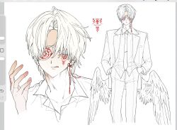  1boy art_program_in_frame colored_eyelashes colored_sclera dmdrk_(ha_ha) eyepatch facial_tattoo feathered_wings finger_tattoo grey_sclera hands_in_pockets highres licking_lips looking_at_viewer low_wings male_focus multiple_views necktie original ribbon_earrings shirt short_hair suit tattoo tongue tongue_out white_background white_eyes white_hair white_necktie white_shirt white_suit white_wings wings 